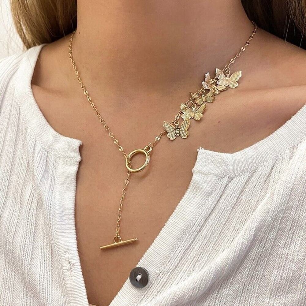 Gold Tone Elegant Butterfly Pendant Clavicle Chain Necklace‎ Dainty Alloy Chic
